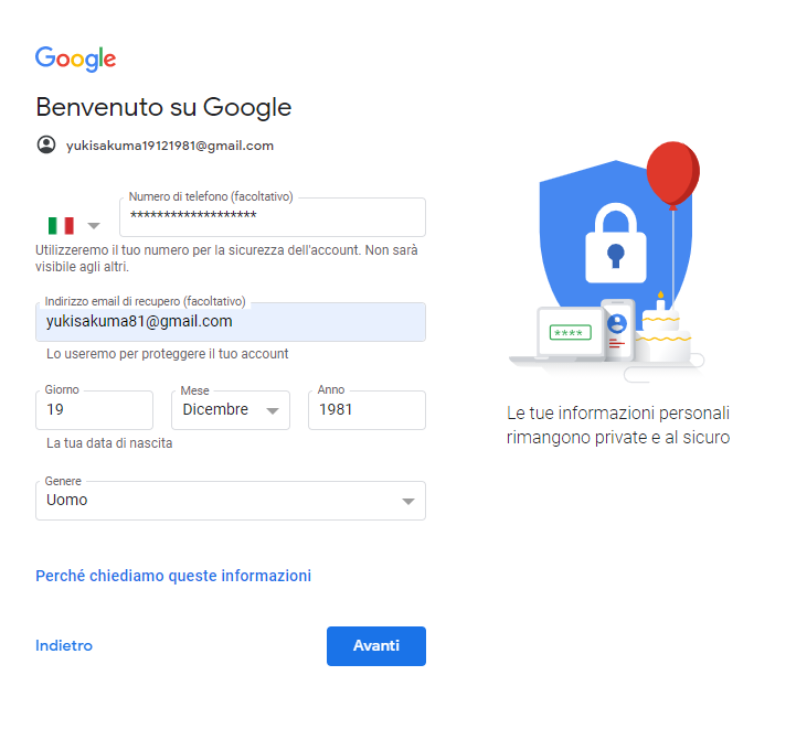 creazione account gmail passo 2